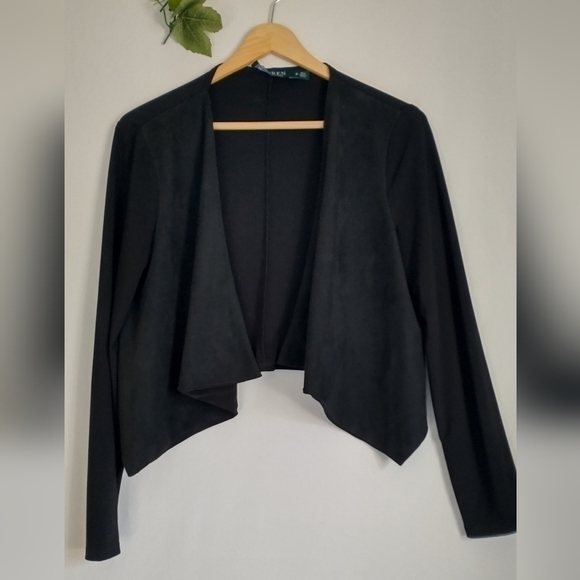 Lauren Ralph Lauren Classic Black Crop Sweater Cardigan Jacket Medium - Picture 2 of 7
